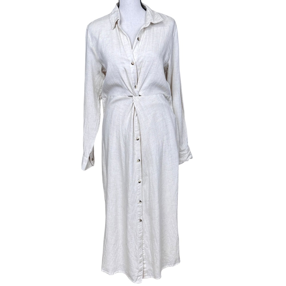 Sim & Sam Twist Front Button‎ Down Dress Womens Large Beige Rayon Linen Midi NWT